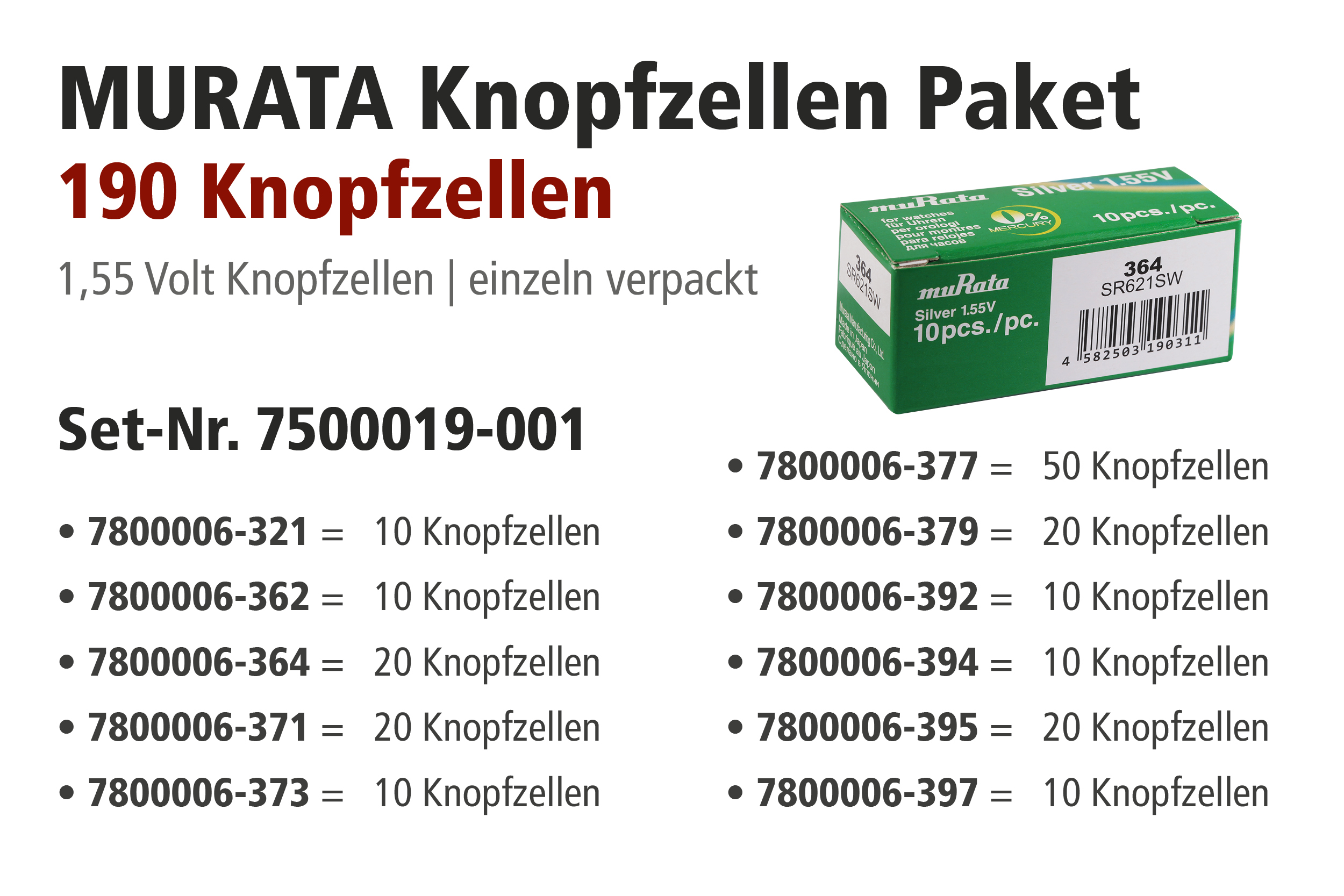 Murata promotiepakket met knoopcellen in display, 321s - 399s