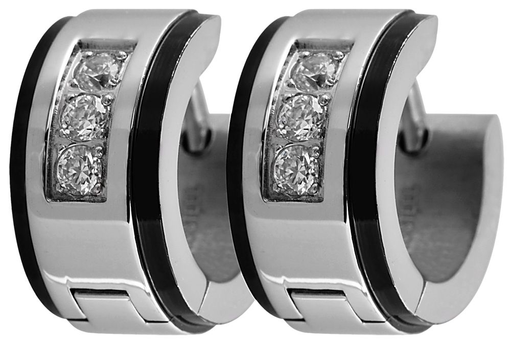 Akzent Klapp-Creolen aus Edelstahl, Similibesatz, silberfarben/schwarz