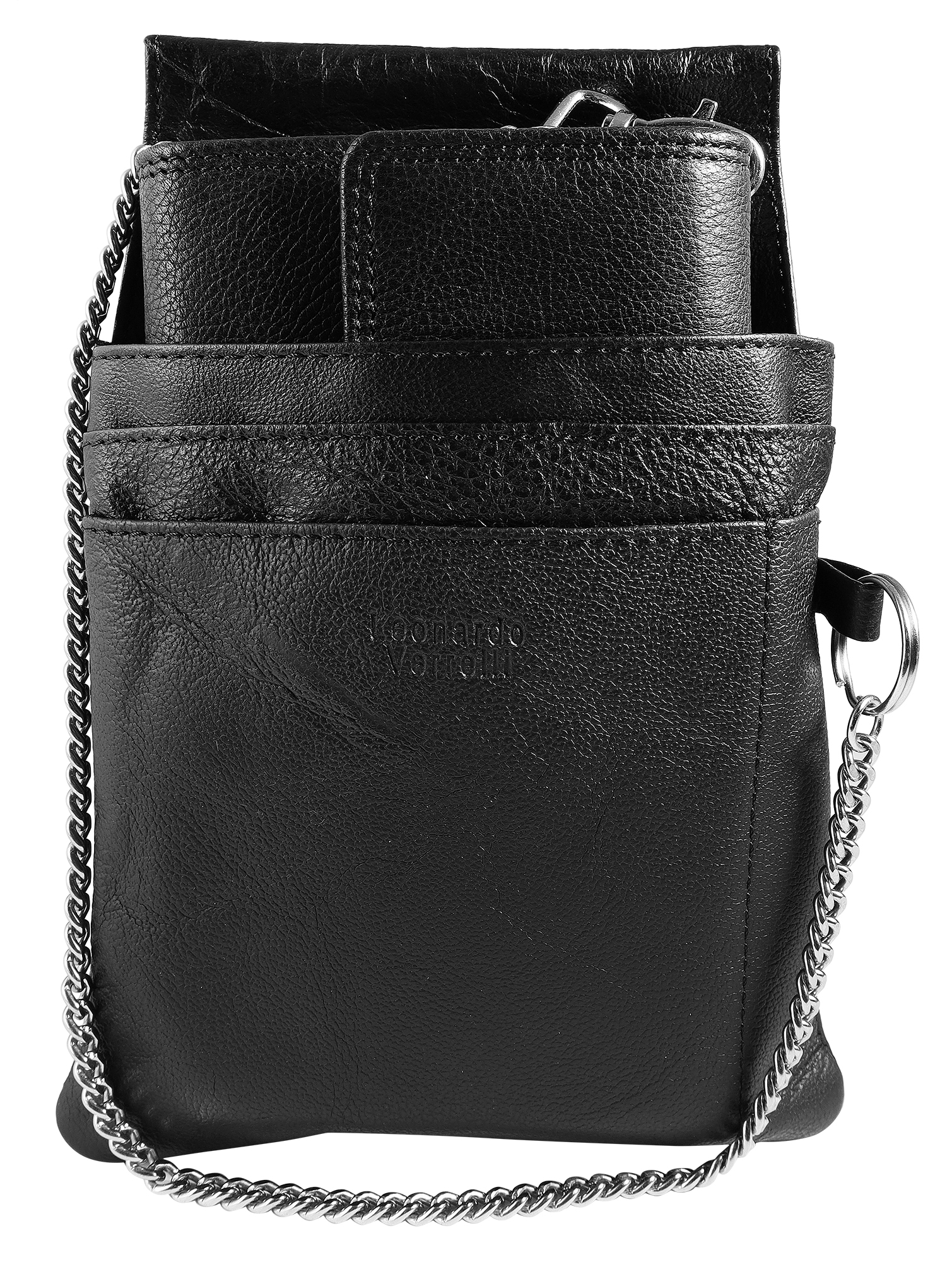 Leonardo Verrelli, echt lederen ober portemonnee, met zakje en ketting, tuck lock sluiting, klein, zwart