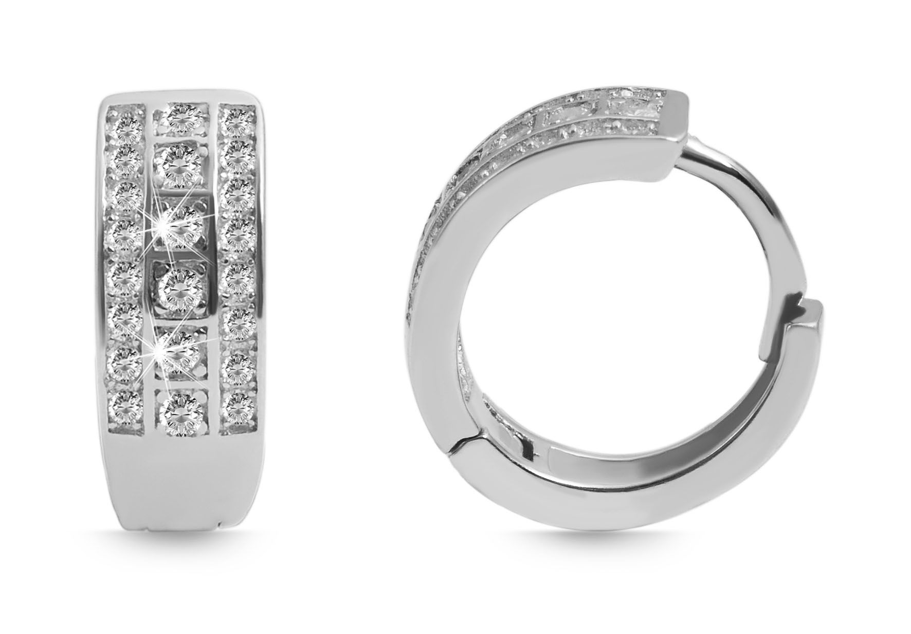 925/- Echt zilveren scharnierende hoepel oorbellen "Fenja" met witte zirkonia, gerhodineerd