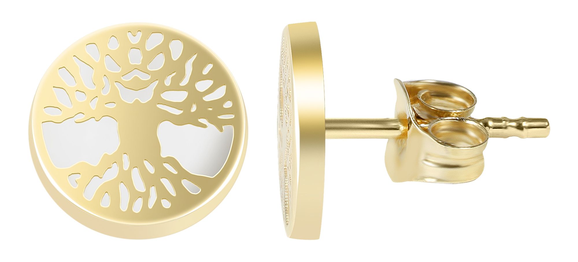 333/- Gold Ohrstecker, rund, Lebensbaum, Perlmutt, Gelbgold, 8 Karat