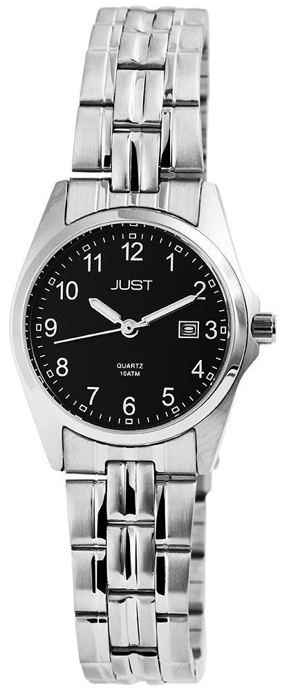 Just "Esrah" roestvrijstalen damespolshorloge, 3 wijzers, datumindicatie, zilverkleurige/zwarte wijzerplaat