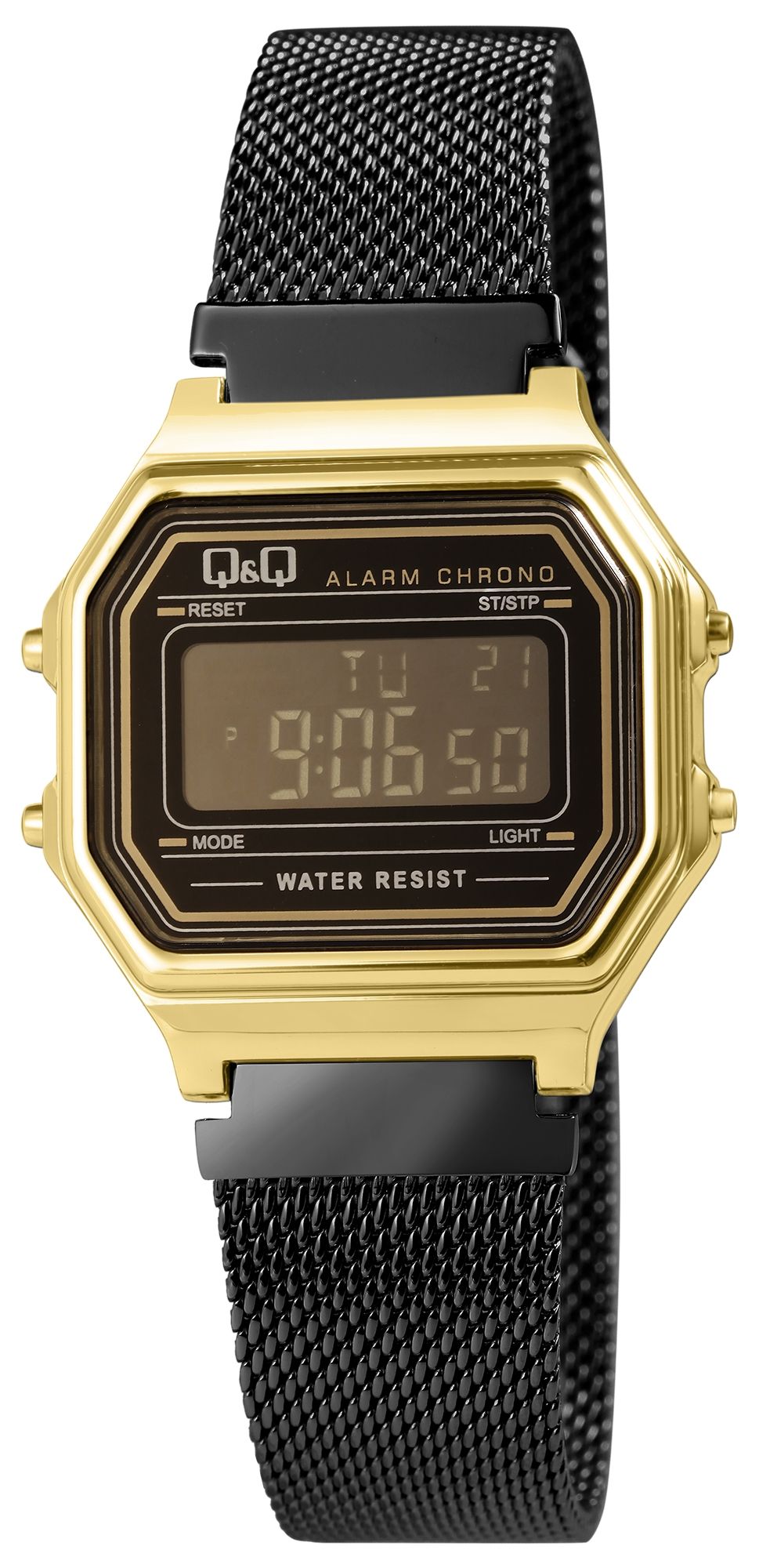 Q&Q Digitaluhr für Damen, Milanaisearmband, Edelstahl, 3 bar, schwarz/goldfarben