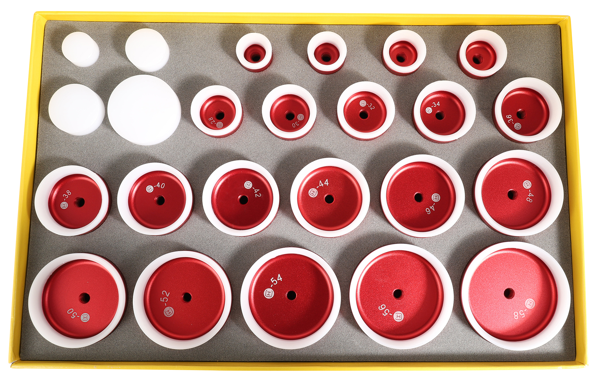 Druckstücke für Glaseinpresser für gewölbte Gläser, Aluminium/Kunststoff, rot/weiß