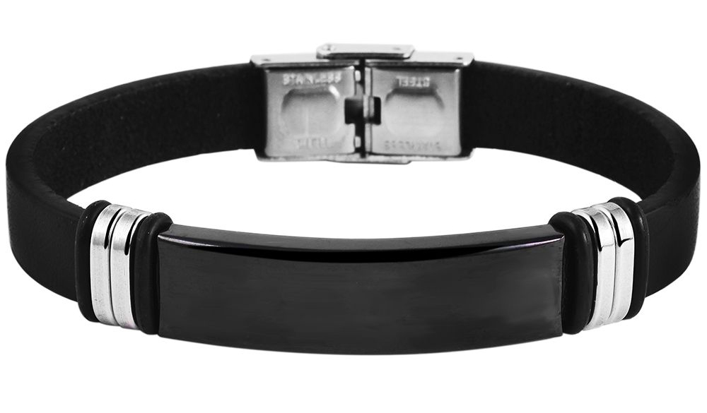 "Lenn", accent echt leren band met roestvrijstalen graveerplaatje, zwart/zwart