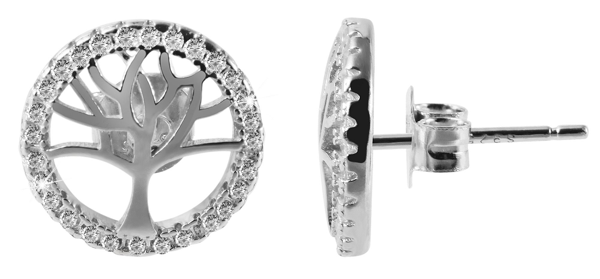 925/- Echt zilveren oorstekers "Barbara" met levensboom motief en zirkonia, 925/gerhodineerd