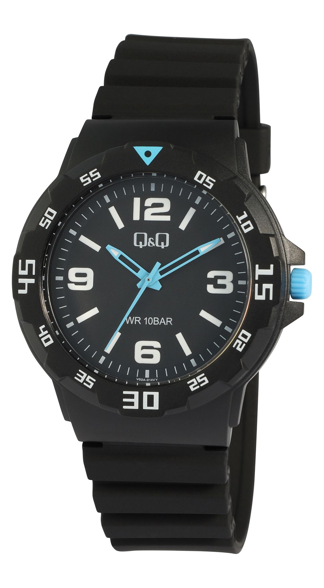 Q&Q Herrenuhr, Kunststoff, Silikonarmband, Ø 42 mm, schwarz (hellblau)