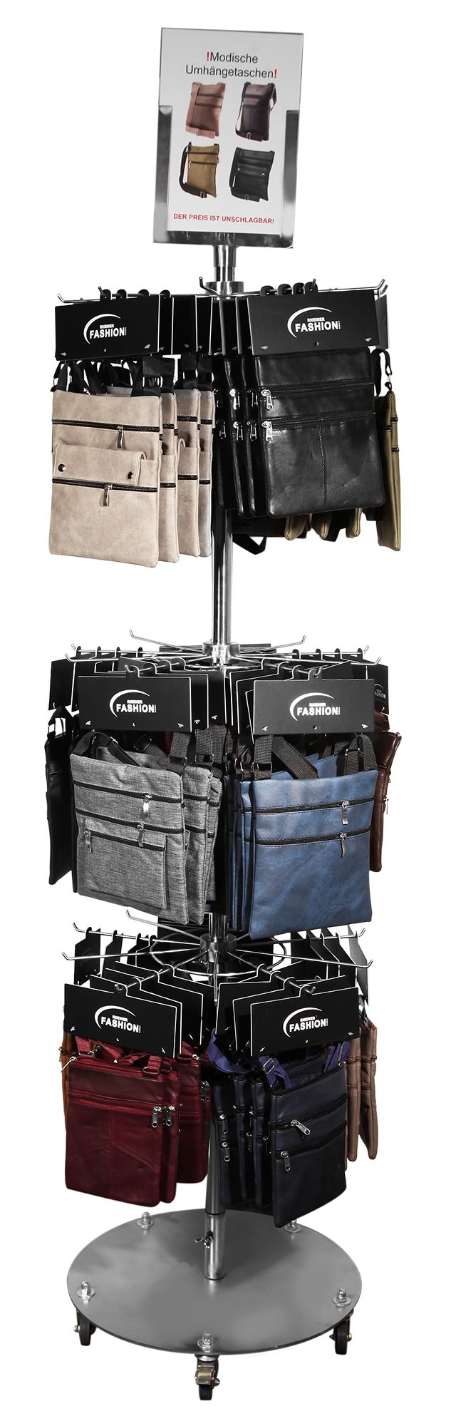 Bestückter Verkaufsständer mit Umhängetaschen, 60 Taschen sortiert