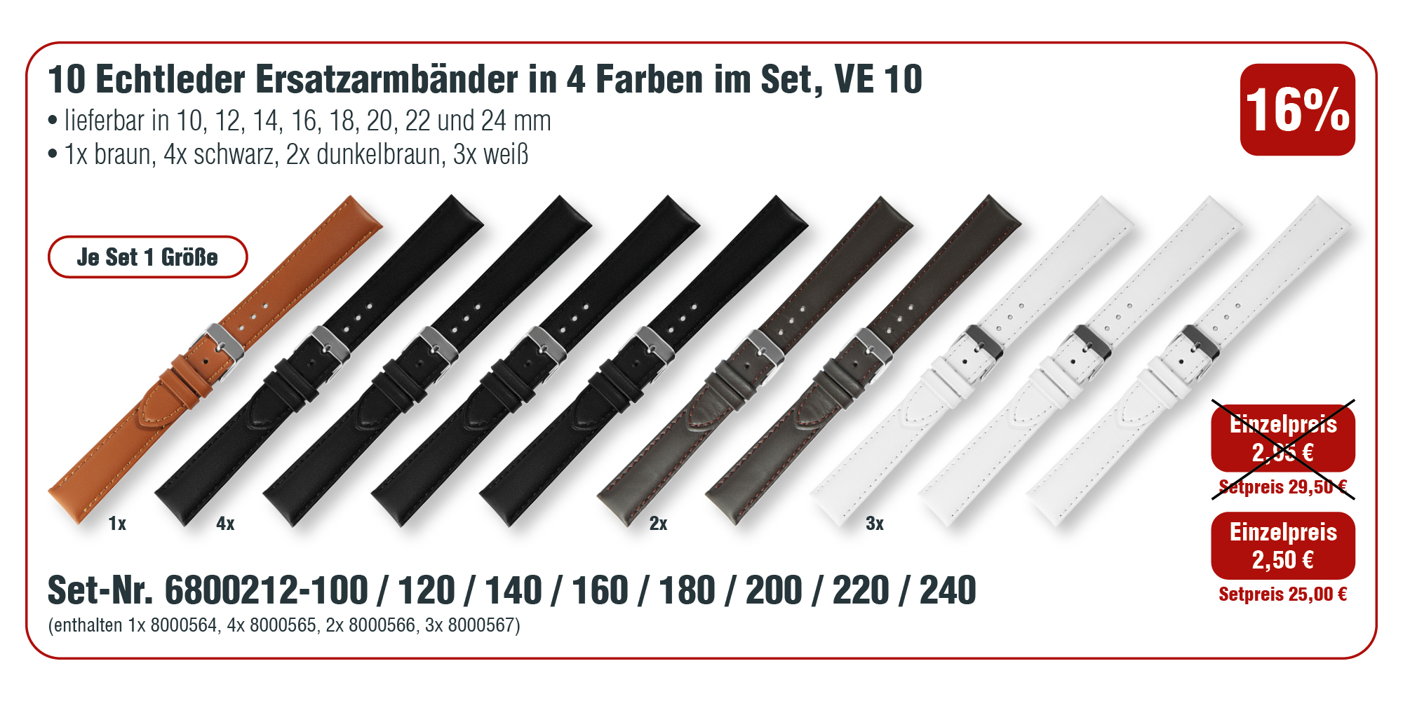 10 vervangende horlogebandjes van echt leer in 4 kleuren in een set, PU 10