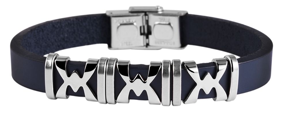 Accent echt lederen band met roestvrij stalen details, blauw/zilverkleurig