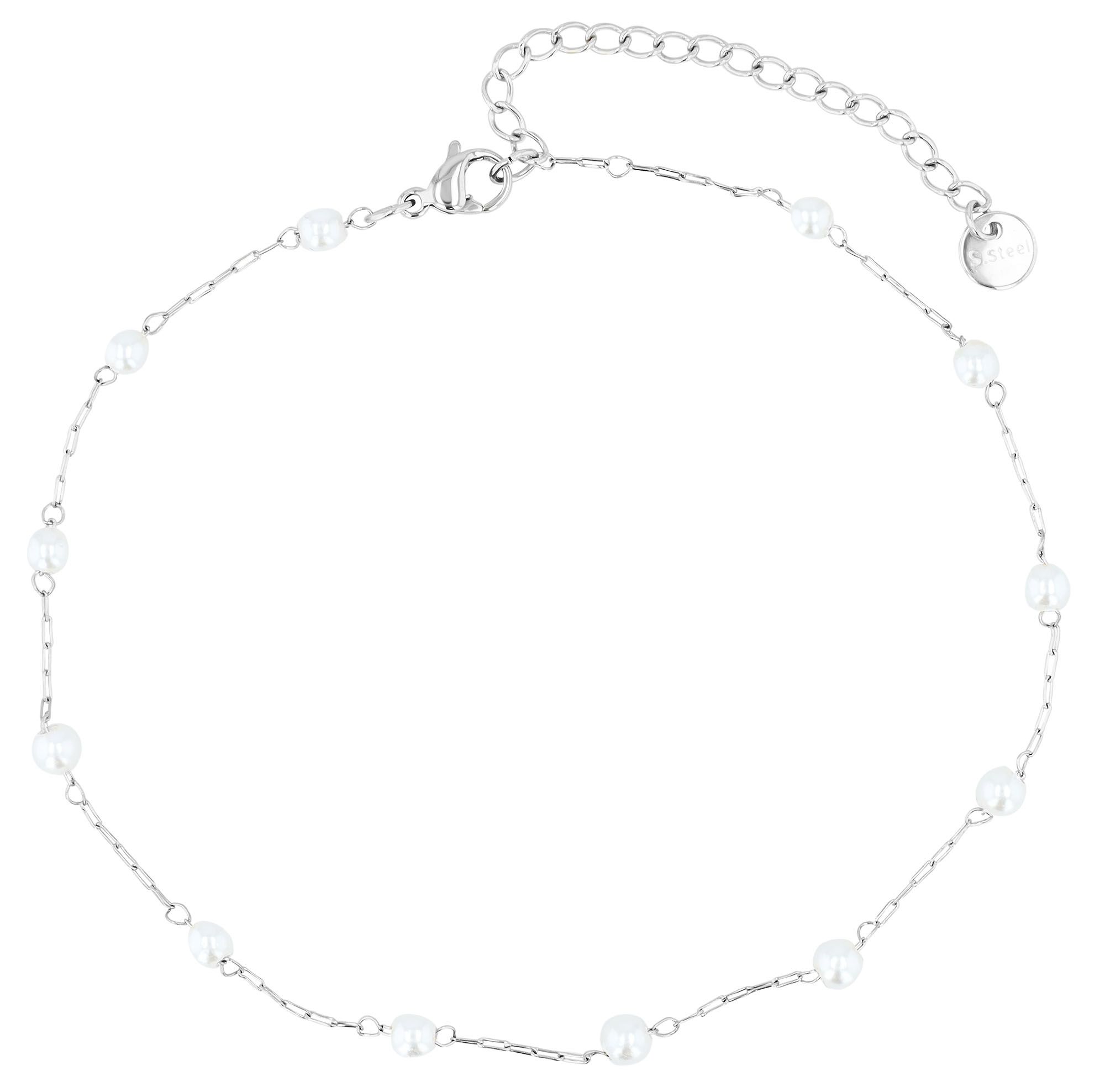 "Dafi" enkelband, roestvrij staal met imitatieparels, 24 + 5 cm, zilverkleurig