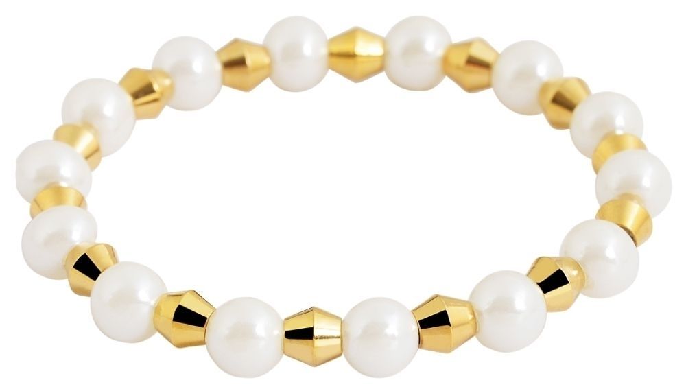 Accentarmband van roestvrij staal en kunststof kralen, elastisch, goud/wit