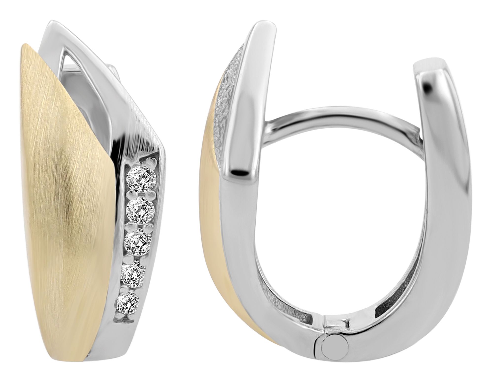 "Lilas" 925/rh echt zilveren scharnierende hoepel oorbellen, zirkonia zetting, tweekleurig (zilver gerhodineerd - verguld)