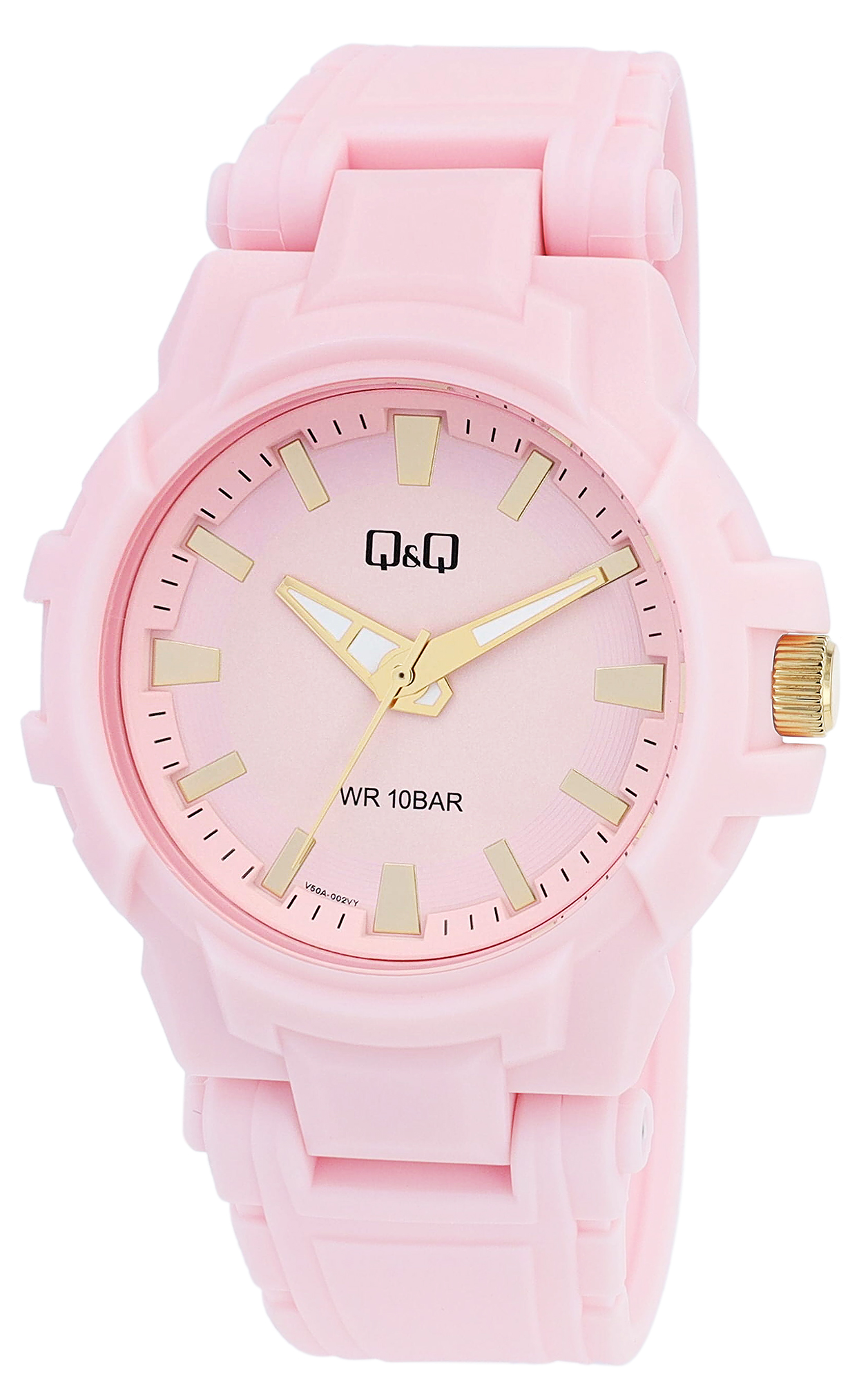 Q&Q Damenuhr, Kunststoff, Silikonband, Ø 44 mm, rosa (goldfarben)