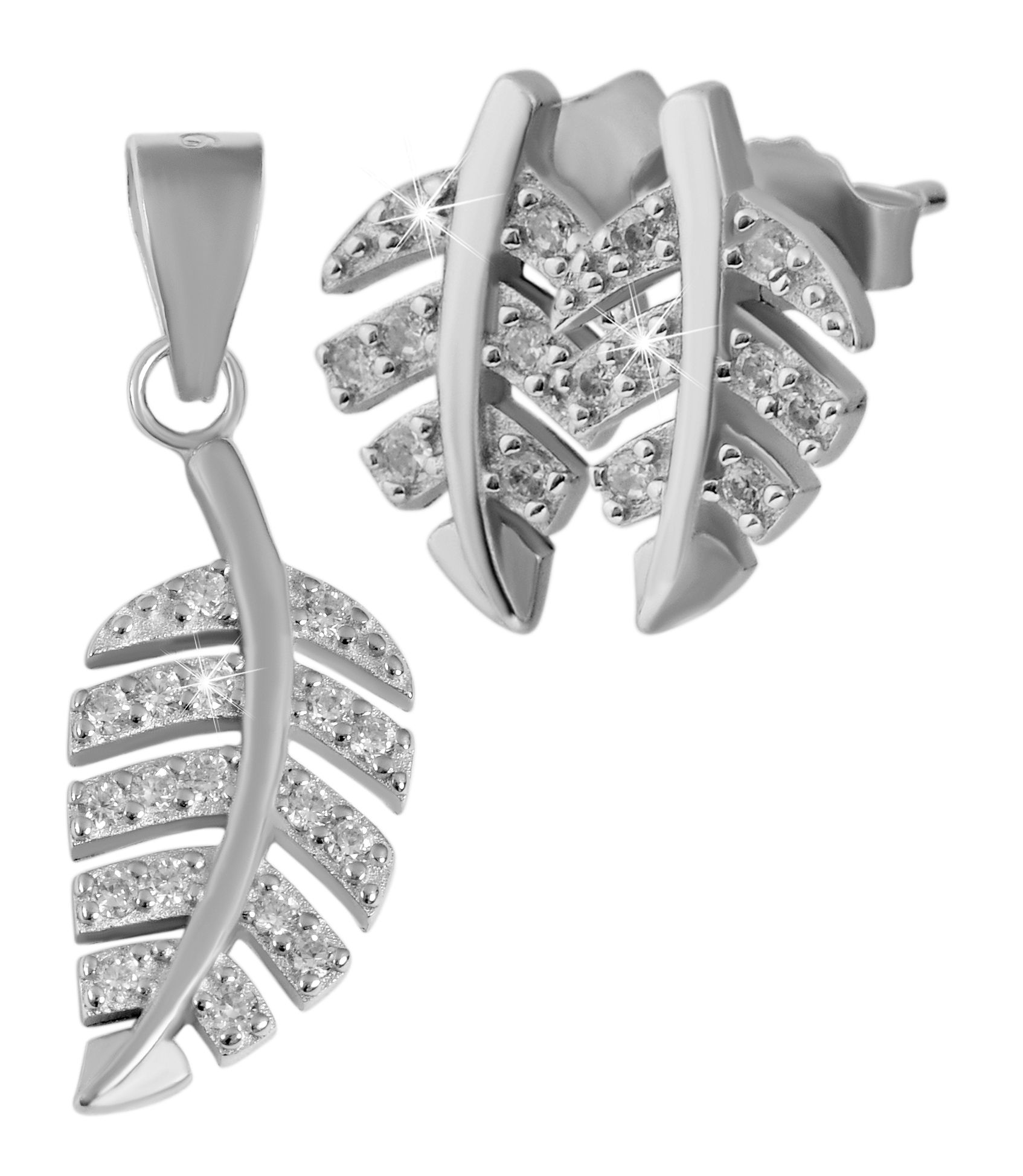 925/- echt zilveren sieradenset "Dobra" hanger &amp; oorstekers in bladmotief witte zirkonia