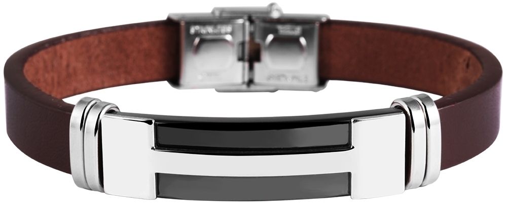 "Saleh", Echlederarmband mit Edesltahlplatte, 22 cm, braun/silberfarben