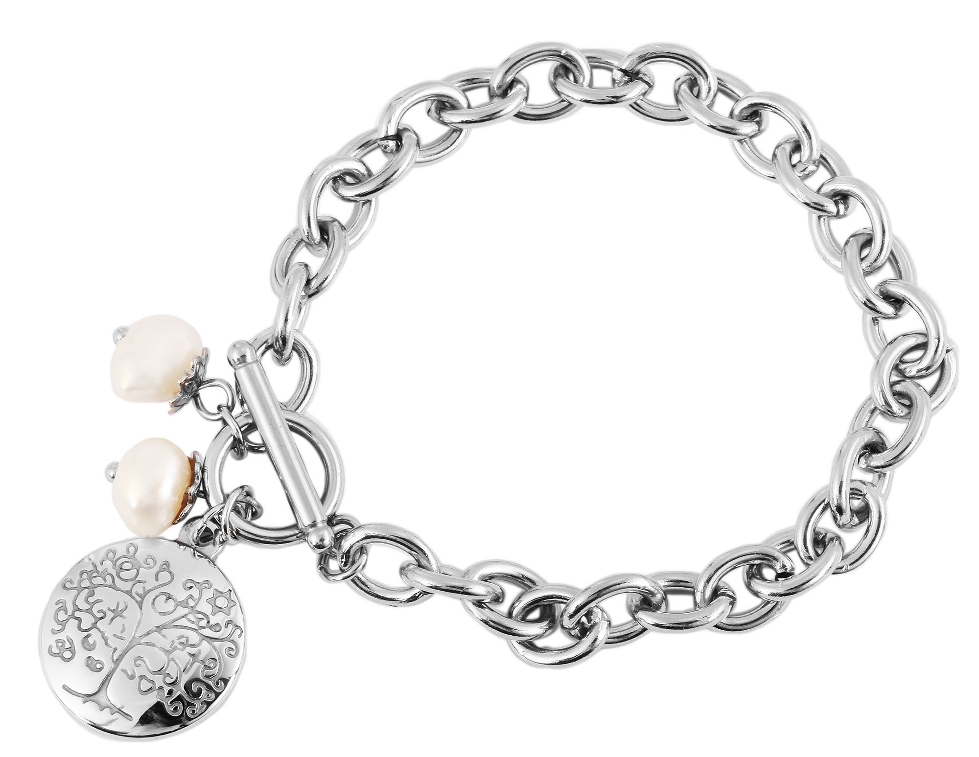 Akzent Edelstahlarmband "Shaima" mit echten Perlen und rundem Anhänger, Länge 20 cm, silberfarben