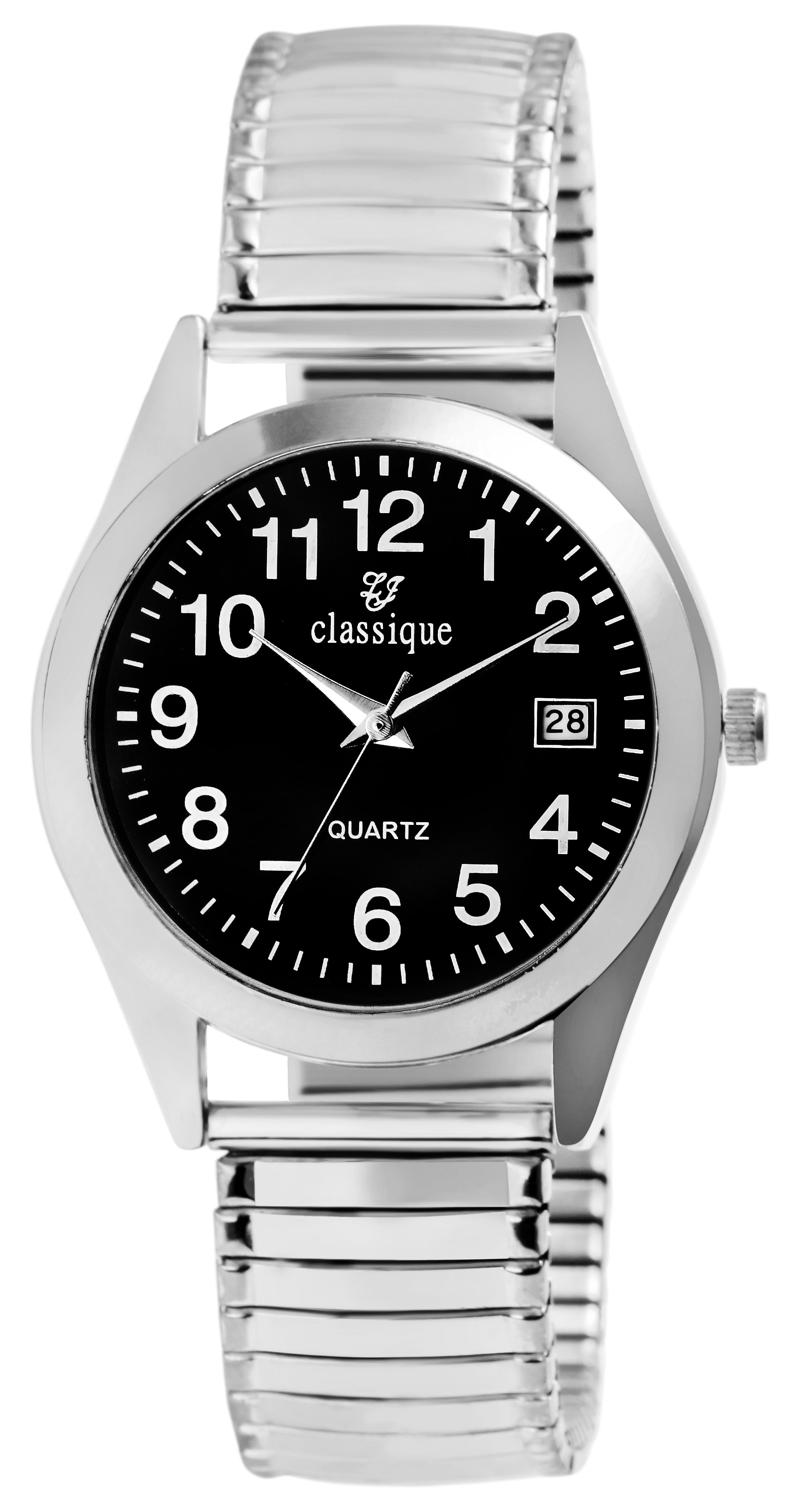 Classique herenhorloge met roestvrijstalen armband, datumaanduiding, zilverkleurig/zwart