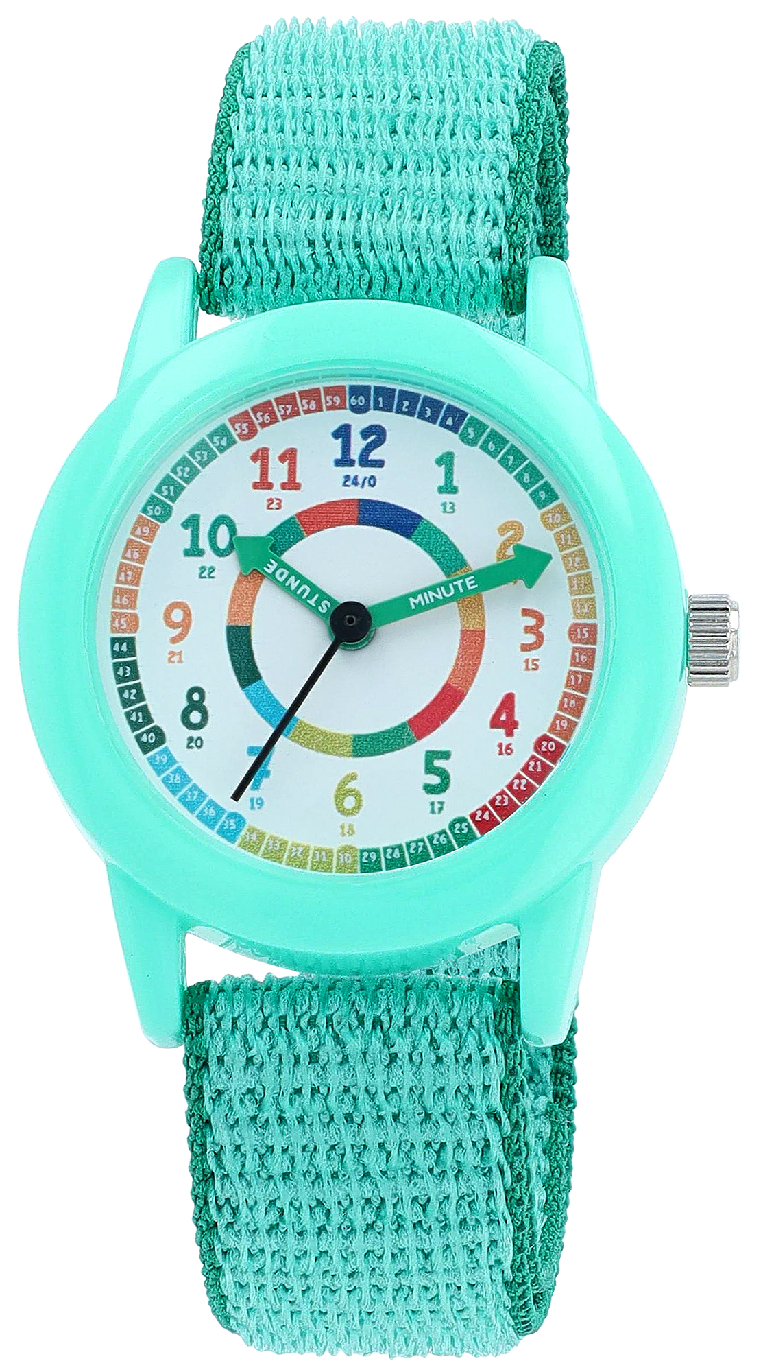 Qbos Kinderuhr/ Lernuhr Ø 32 mm mit Klettarmband, grün (Farbenfrohes Lernziffernblatt)