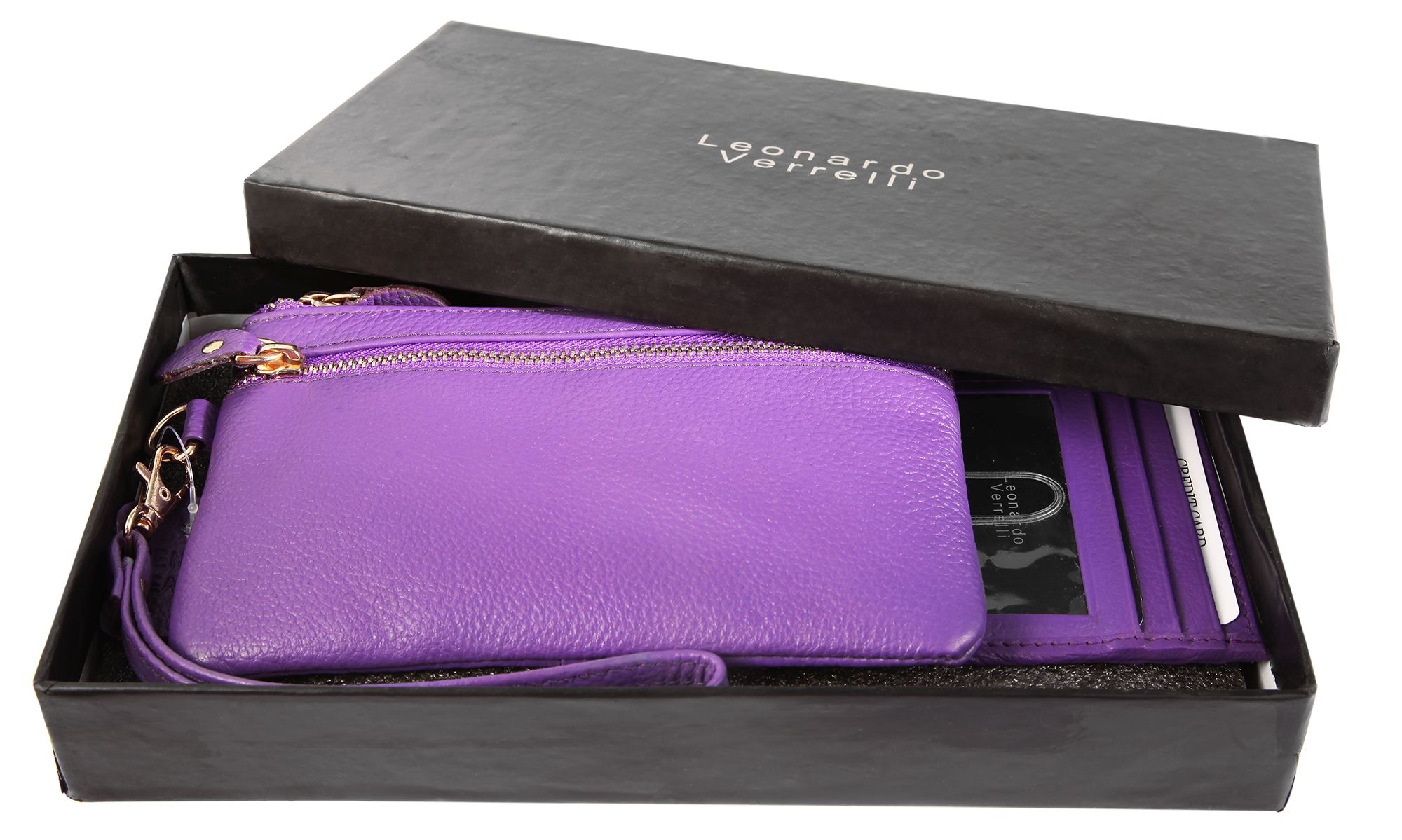 Leonardo Verrelli Geschenkset mit kleiner Handtasche und Kartenmäppchen, lila