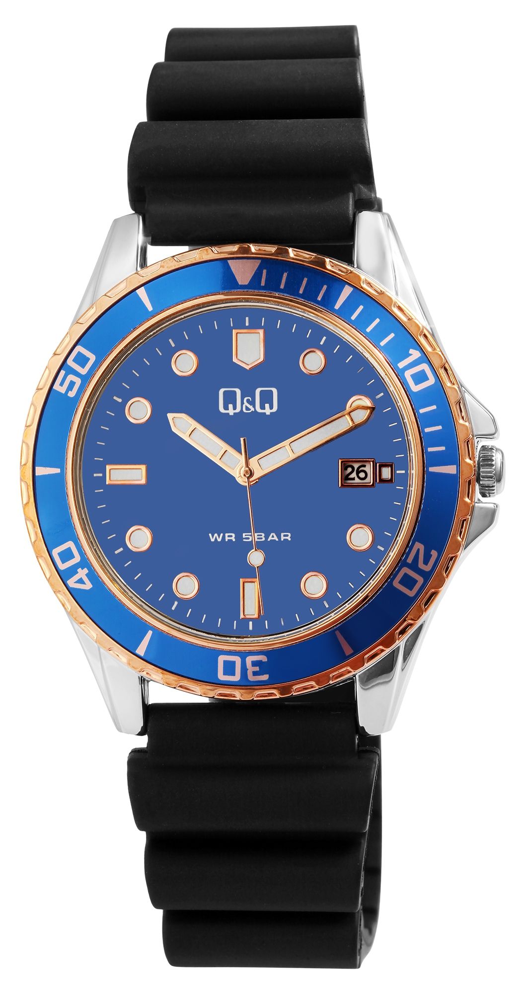 Q&Q Herrenuhr mit Silikonarmband, 5 bar, schwarz/blau