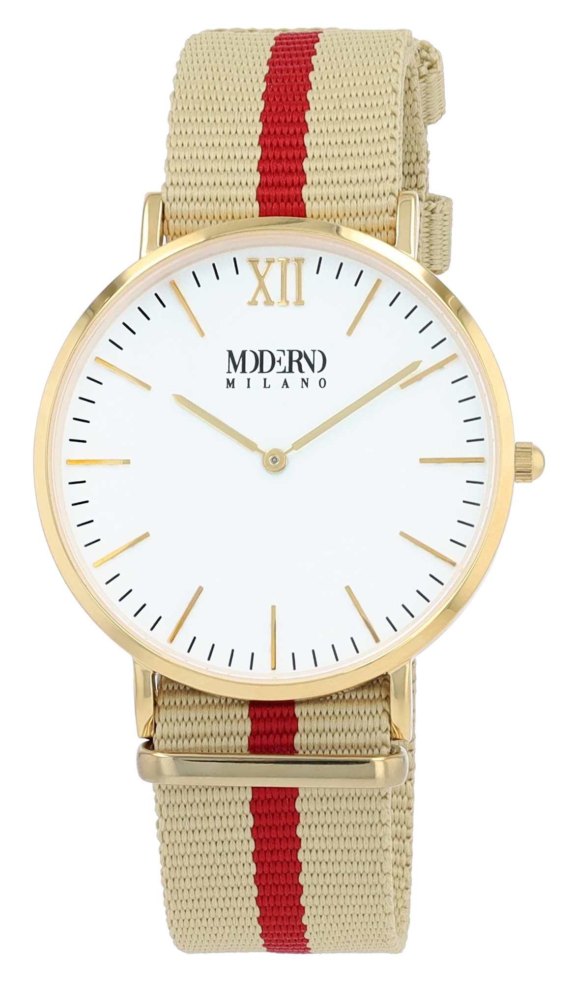 Moderno Milano Edelstahl Herrenuhr 41 mm, Saphirglas & Nylon-NATO-Band (beige-rot), goldfarben