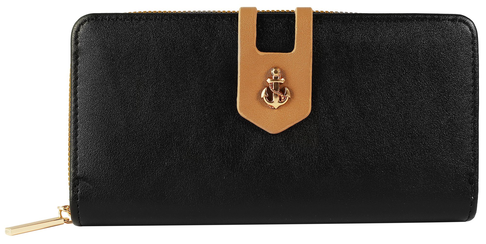 Damengeldbörse aus Lederimitat, Überschlag mit Ankerelement, schwarz