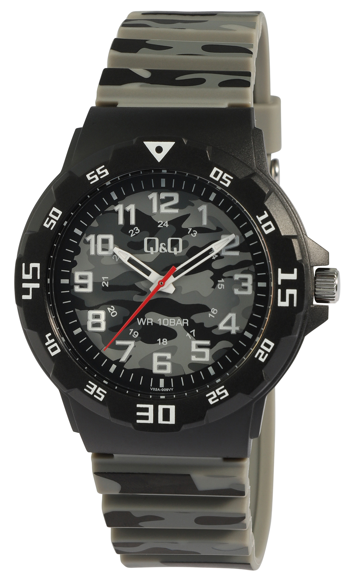 Q&Q Herrenuhr mit Kunststoffarmband, 10 ATM, Ø 42 mm, Camouflage grau