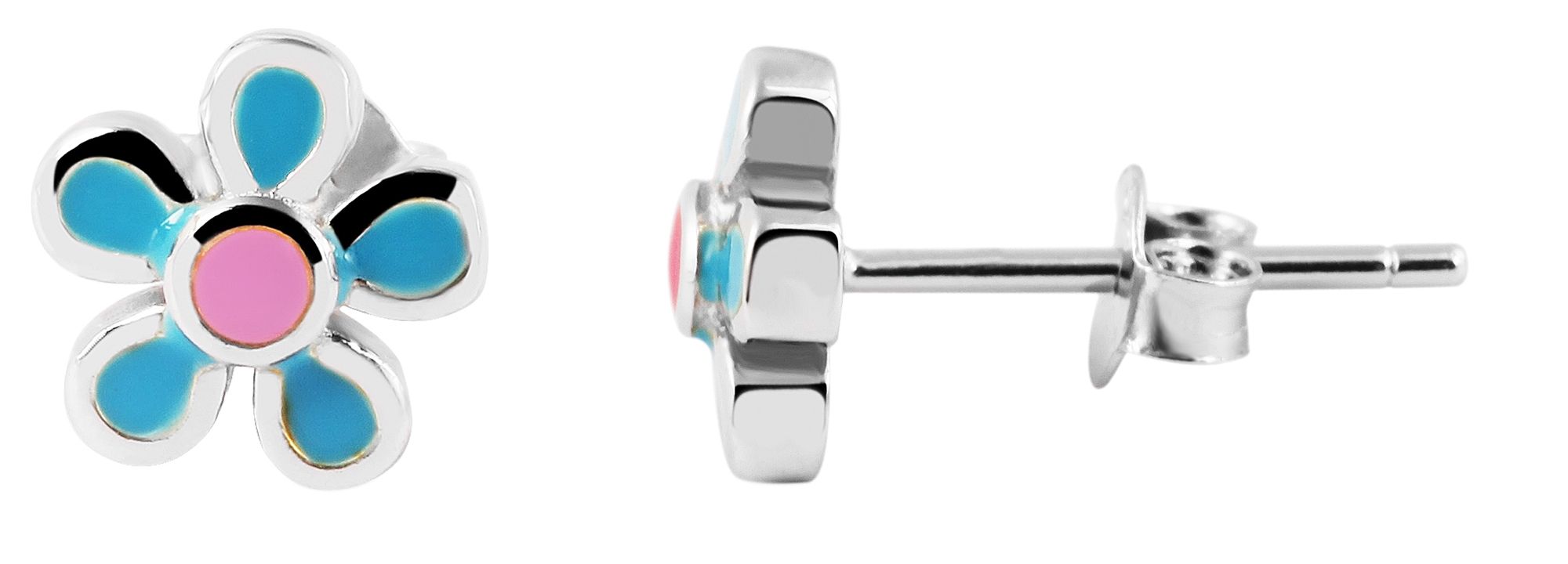 "Flora" 925/- Echt Silber Ohrstecker farbenfrohen Blumen blau/ rosa, silberfarben rhodiniert