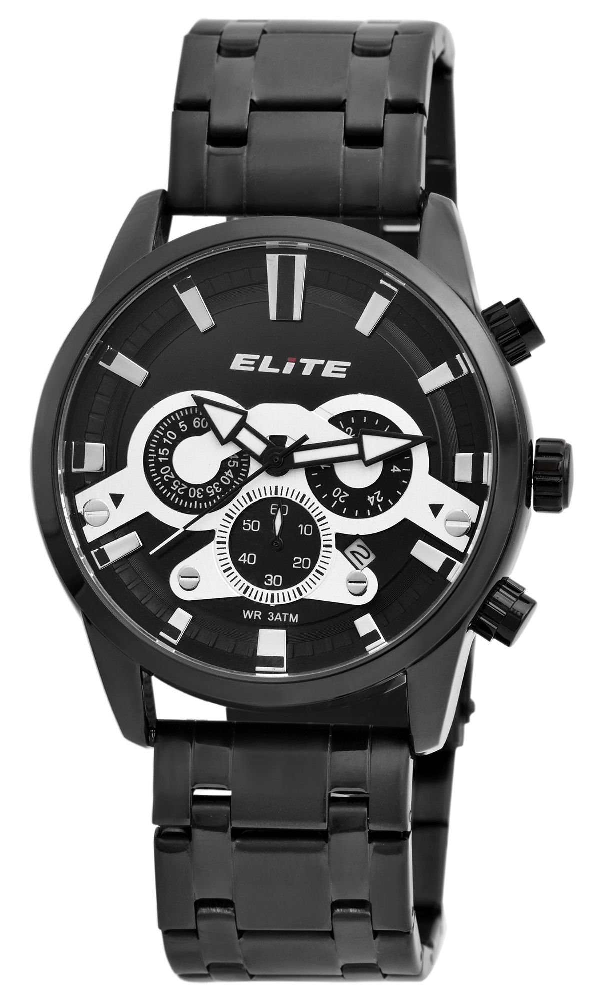 Elite Herren Chronograph mit Metallband, 3ATM, Schwarz/ silberfarbig