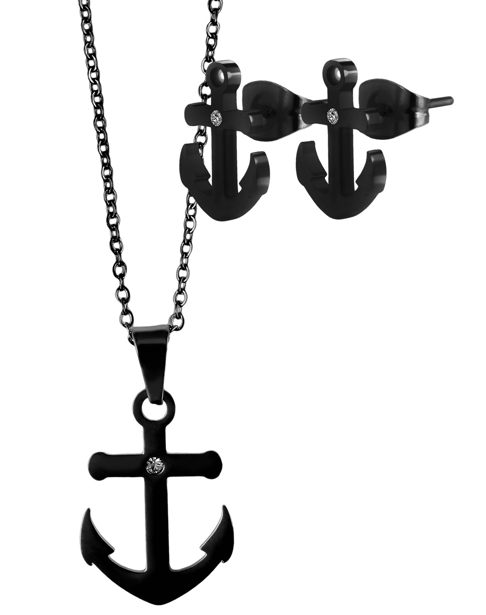 "Miera", accent stainless steel sieradenset met oorstekers en hanger in anker design, zwart