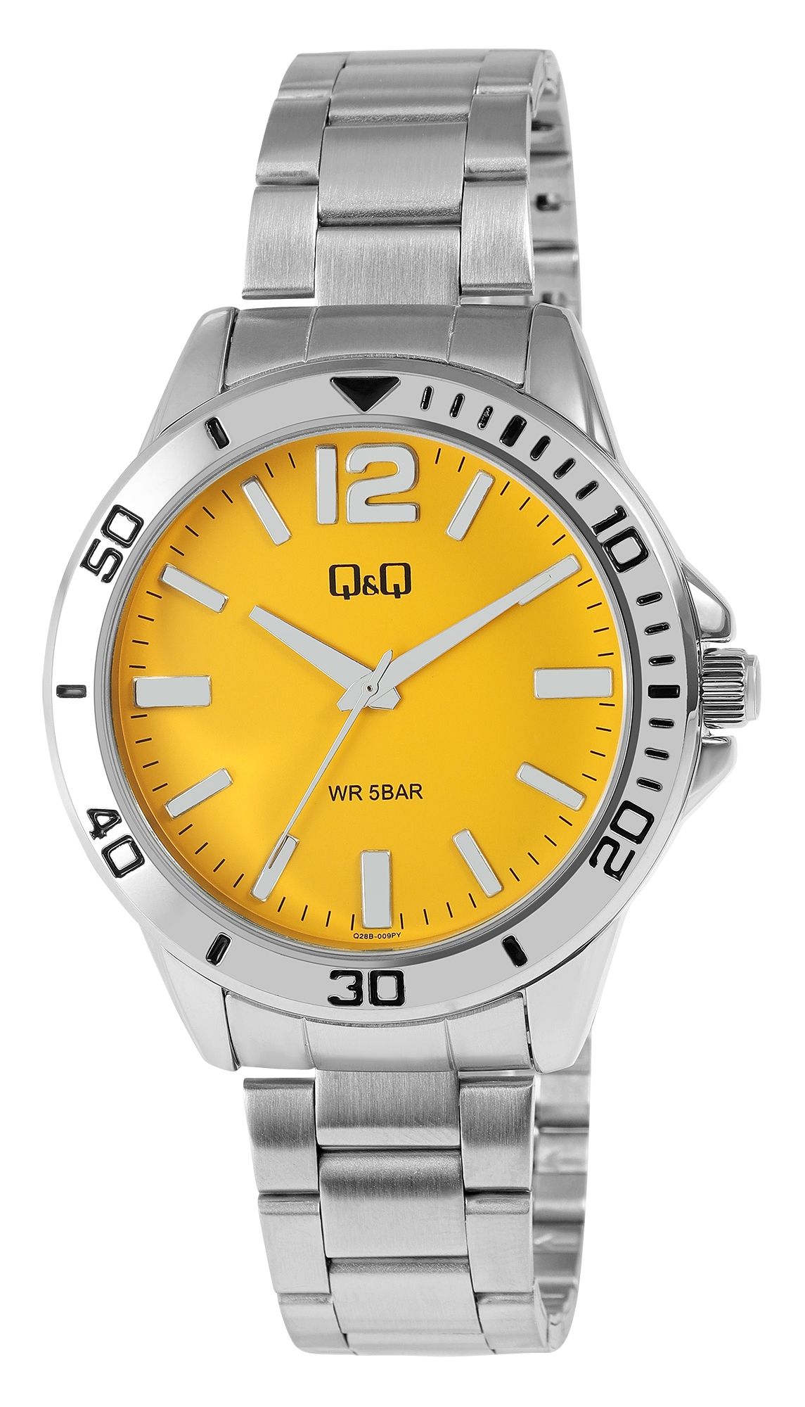 Q&Q Herrenuhr, Edelstahlarmband, silberfarben/gelb, 5 ATM, Ø 44 mm