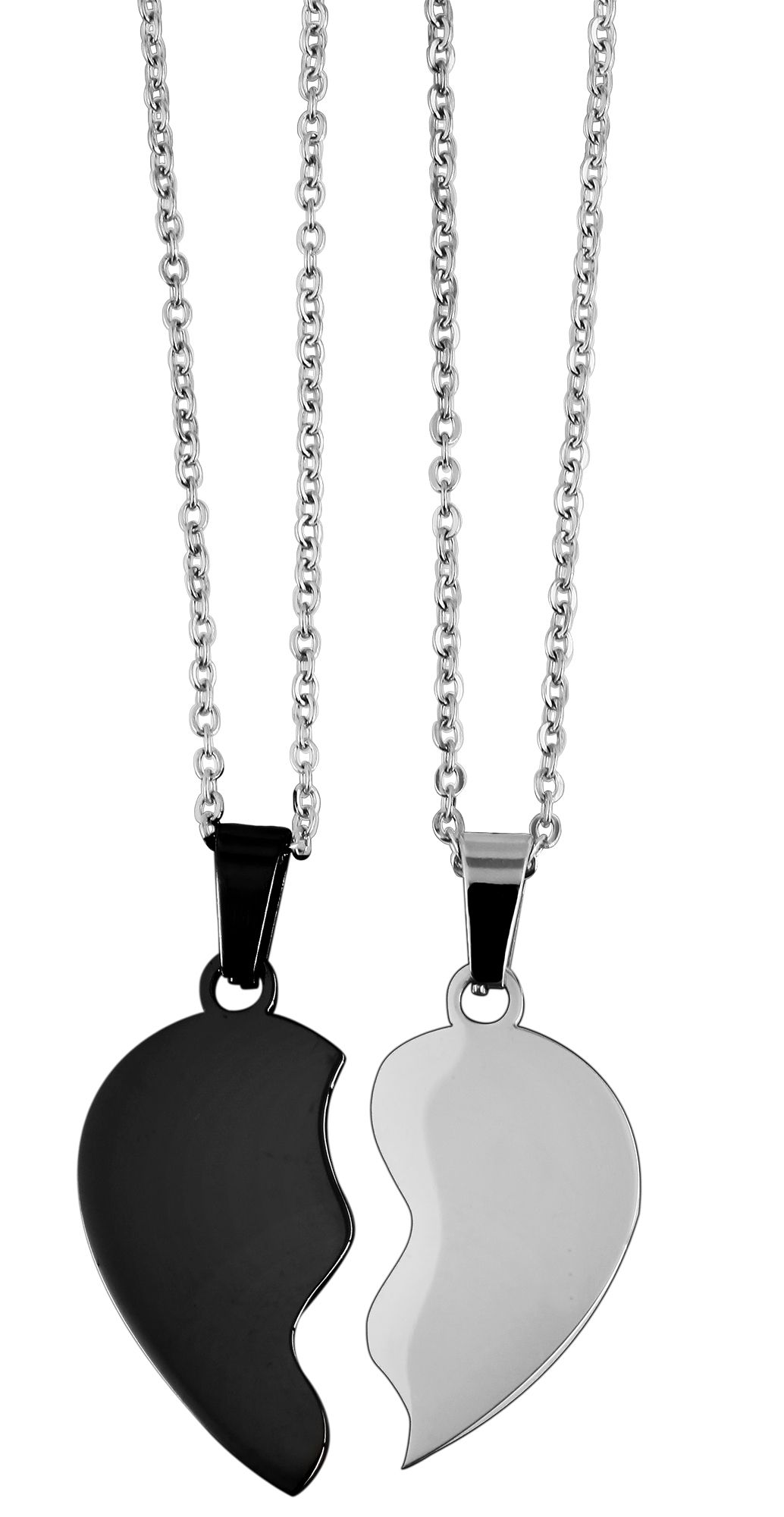"Caral", accent partner/vriendschapsketting, roestvrij staal, hart, graveerbaar, gepolijst, zilver/zwart, 43+5 cm