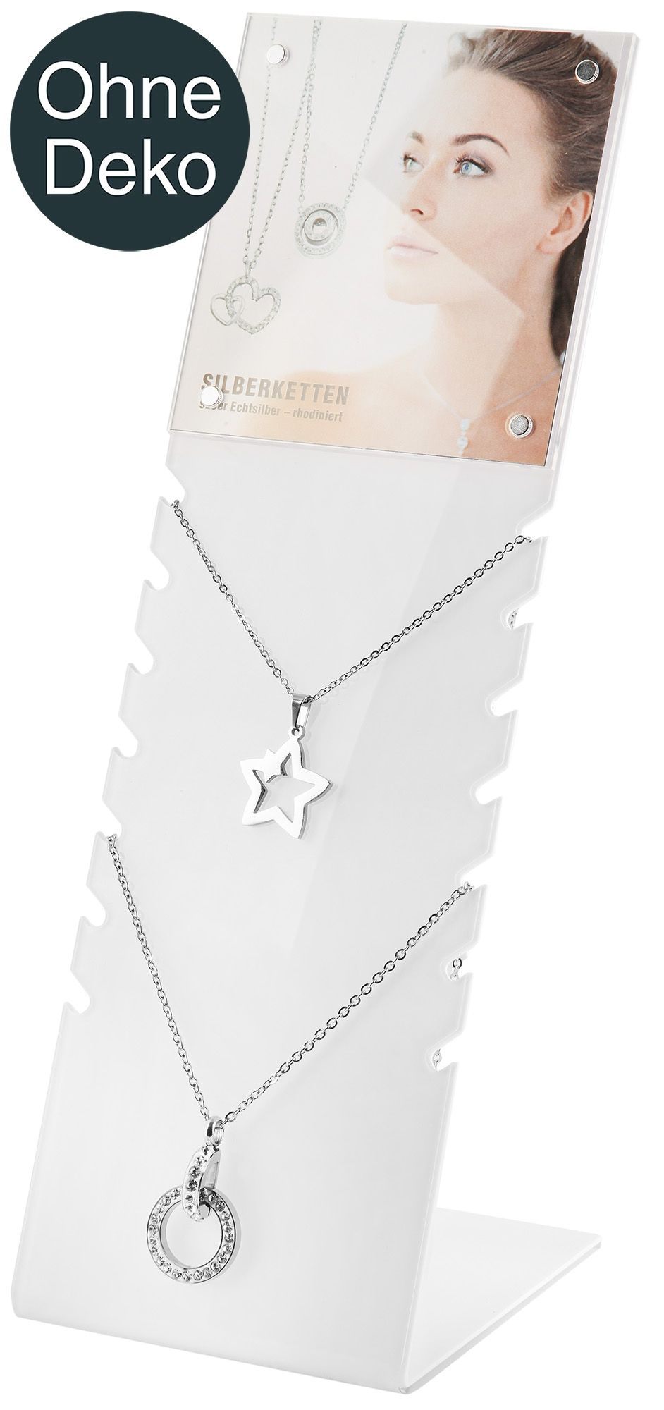 Aufsteller für Ketten, weiß, mit Bild, 25 cm x 10 cm x 8 cm