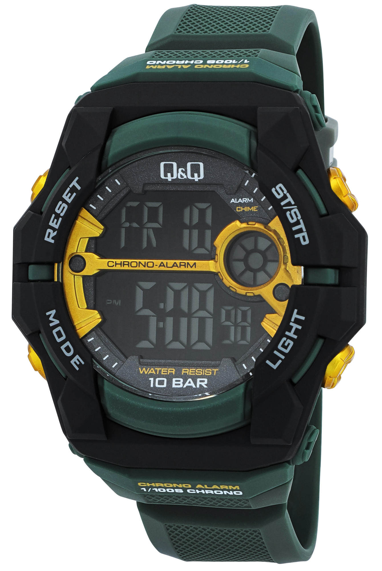 Q&amp;Q digitaal herenhorloge, Ø 50 mm, kunststof band, donkergroen (met gele details)