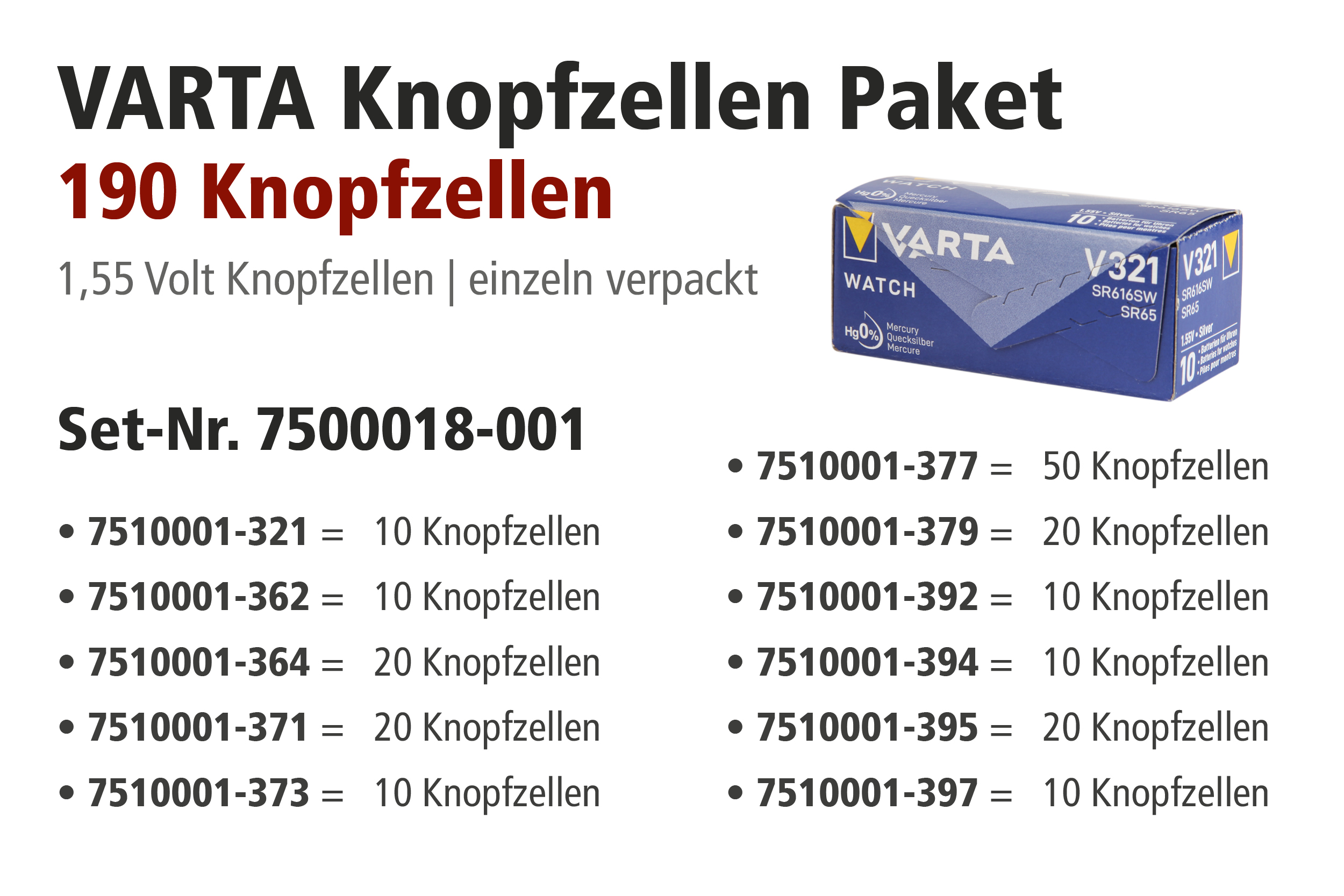 Varta promotiepakket met knoopcellen in display, 321s - 397s