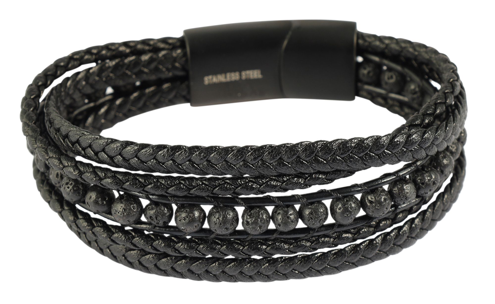 "Neal" 17 cm, armband van imitatieleer met zwarte lavakralen, VE-4