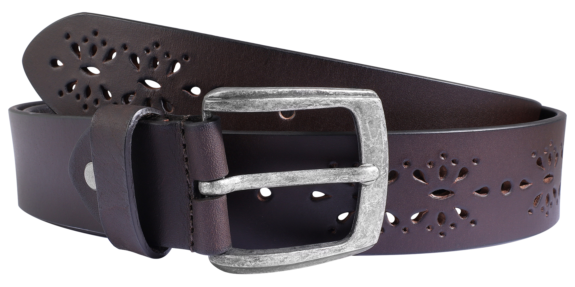 Leonardo Verrelli echt lederen riem, bruin lasergesneden look, kan 80 cm worden ingekort