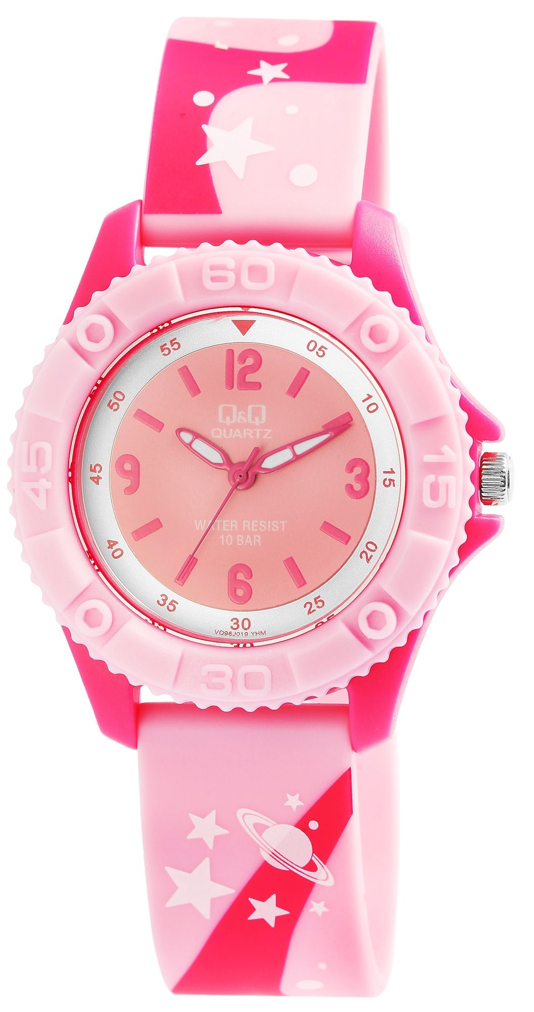Q&amp;Q kinderhorloge, siliconen band, "Space", roze, 10 bar, Ø 35 mm