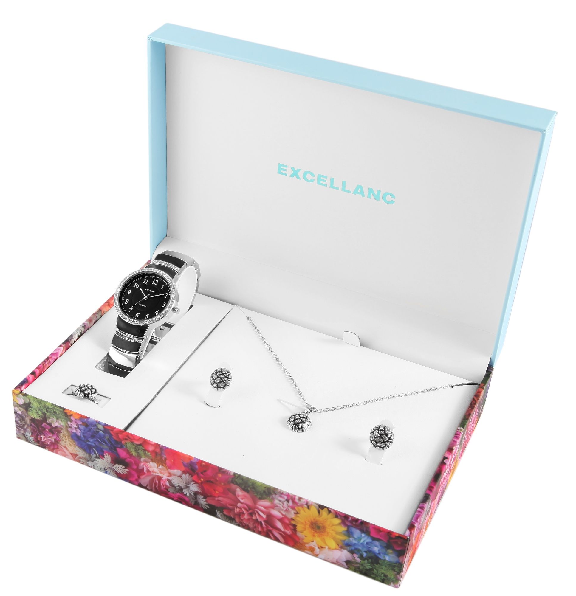Excellanc Geschenkset mit Damenuhr, Halskette, Ring und Ohrsteckern, silberfarben/schwarz