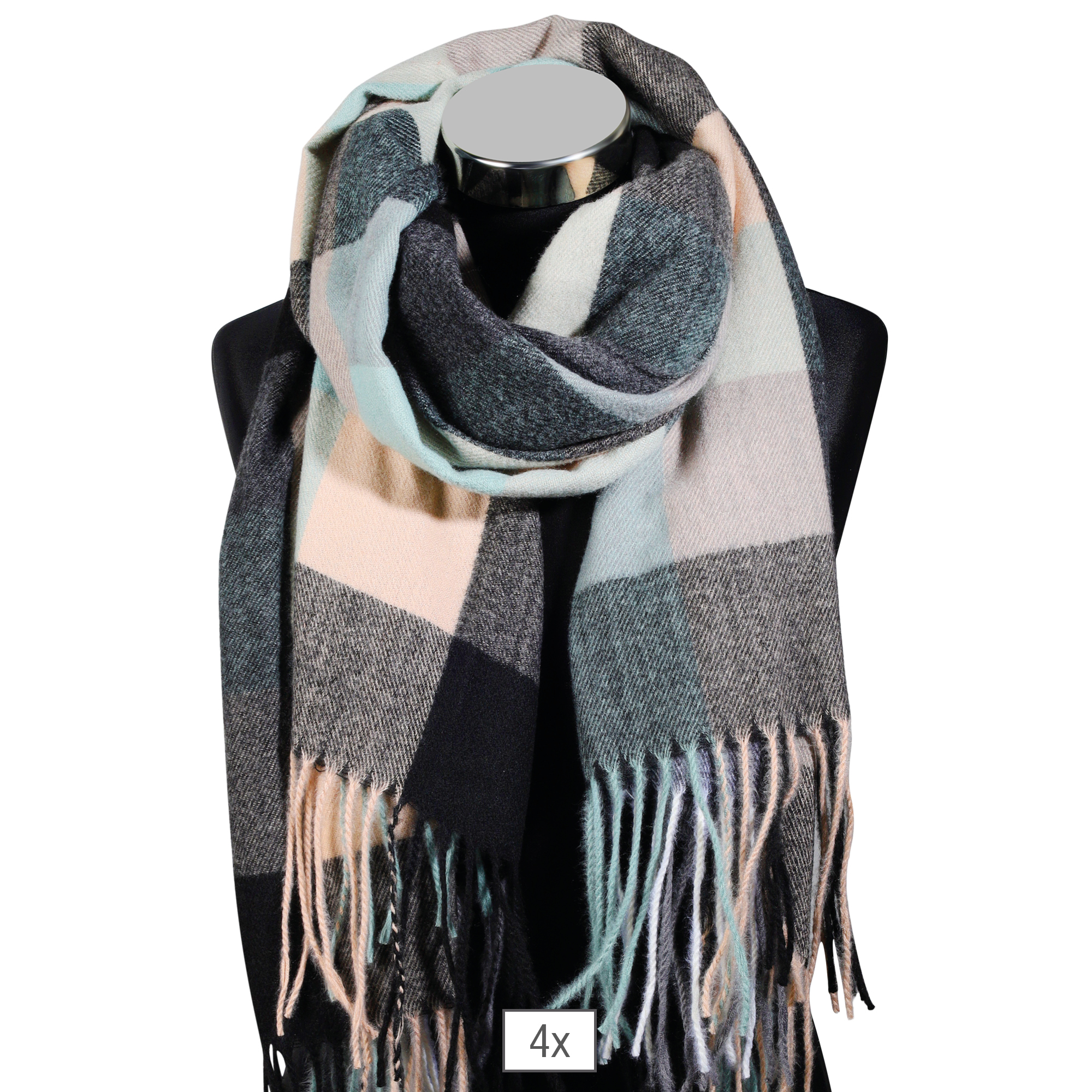 Winterschal Karo-Muster, mehrfarbig (schwarz/ beige/ mint), 100% Viskose, VE 4