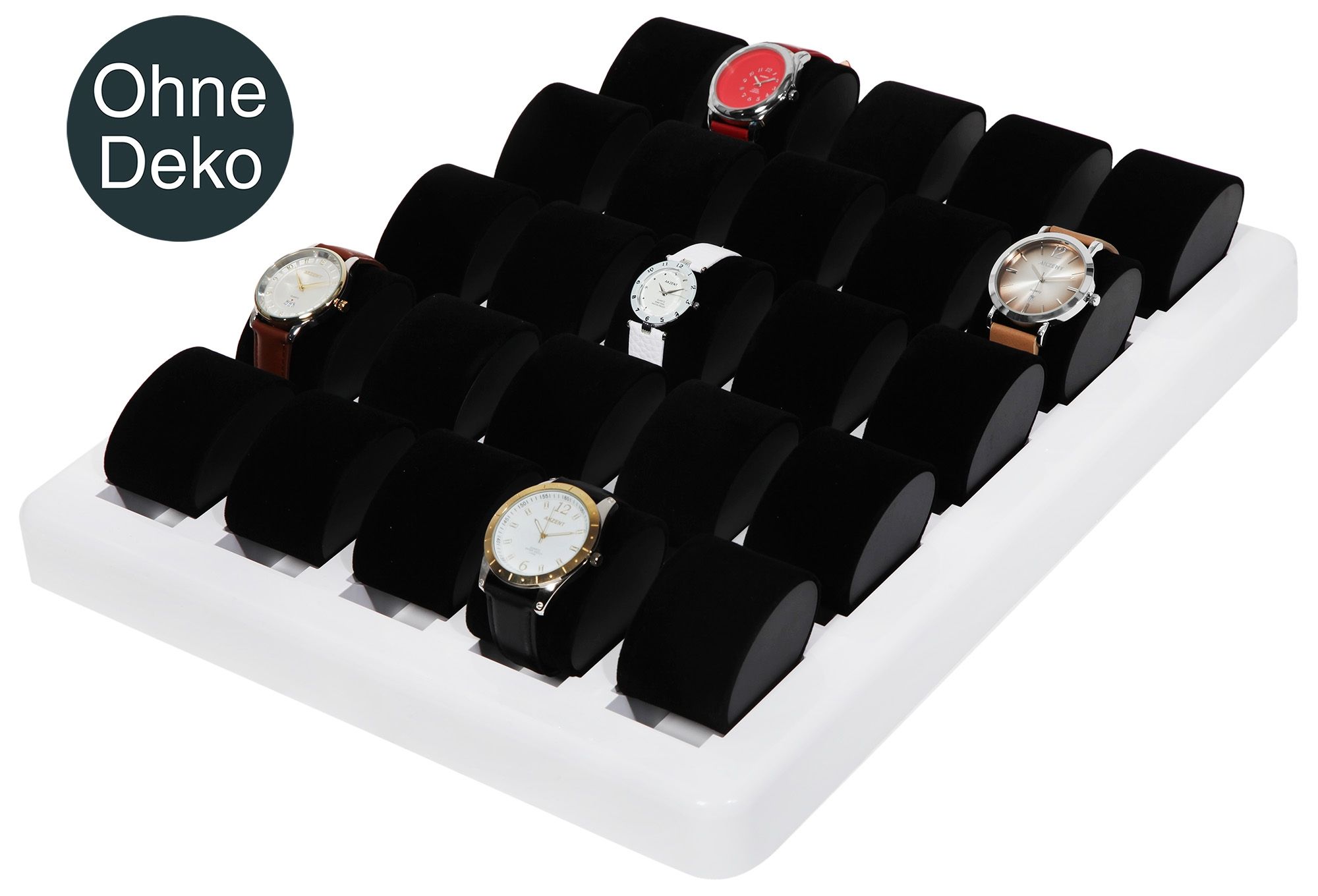 Display für 25 Uhren, Kunststoff, weiß, 45 cm x 37 cm x 3,6 cm