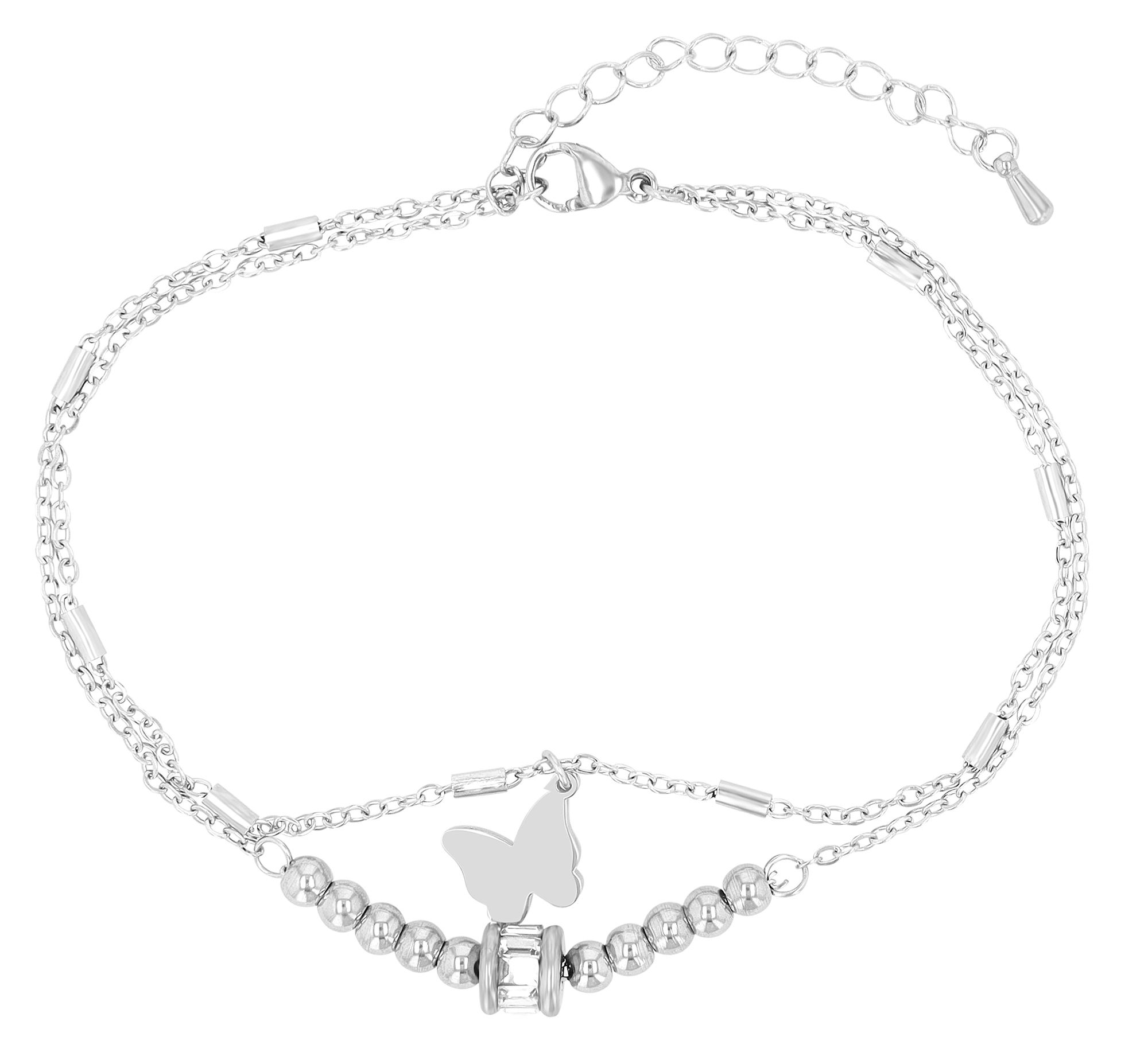 Akzent enkelband "Linden", roestvrij staal, dubbele rij, vlinder met parelmoer, zilverkleurig