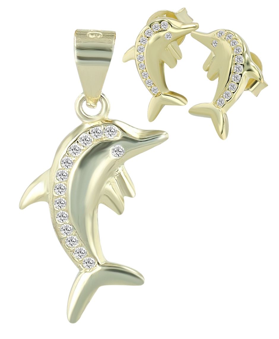 Zilveren sieradenset, hanger, oorsteker dolfijn met witte zirkonia, 925/gerhodineerd