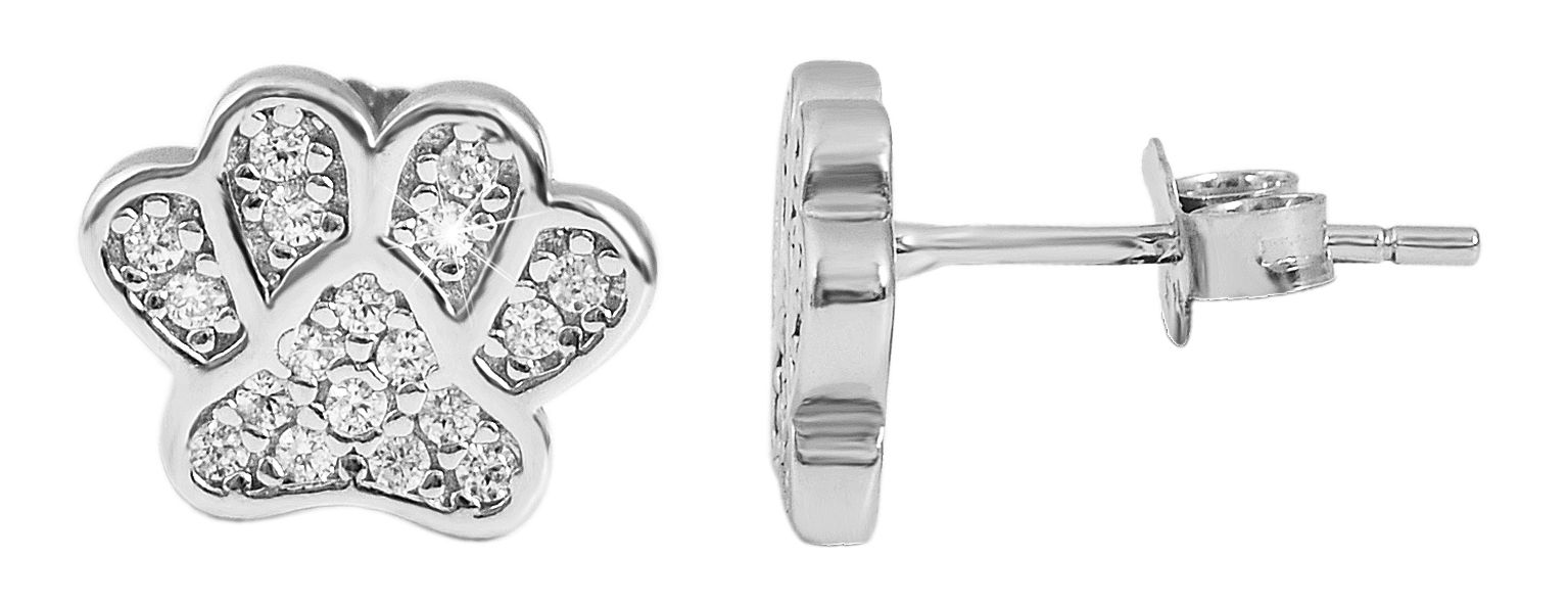 925/- Echt Silber Ohrstecker "Charly" Hundepfote mit Zirkoniabesatz, 925/rhodiniert
