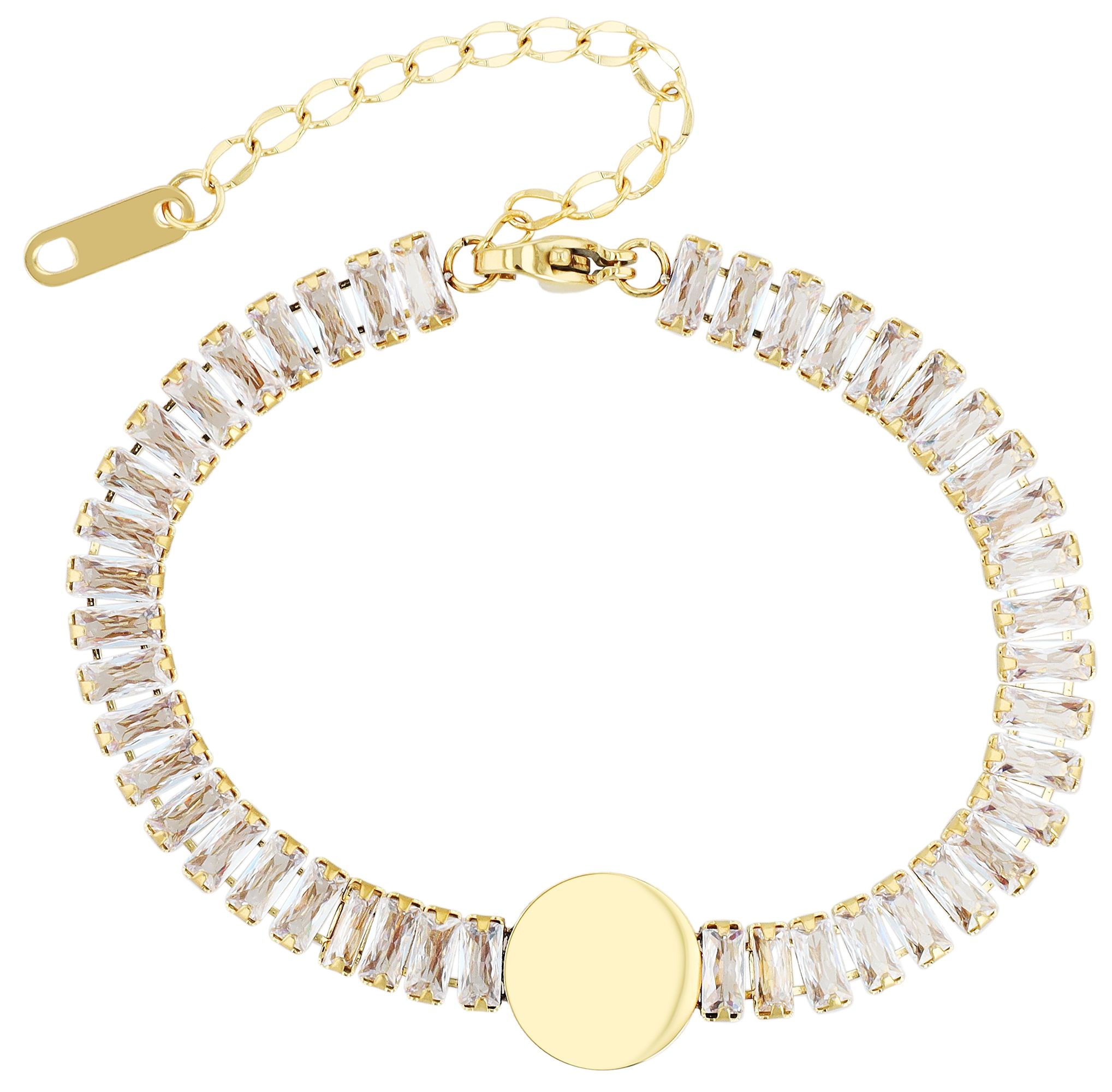 Alexis" accentarmband, roestvrij staal &amp; zirkonia stenen, graveerplaatje, goudkleurig