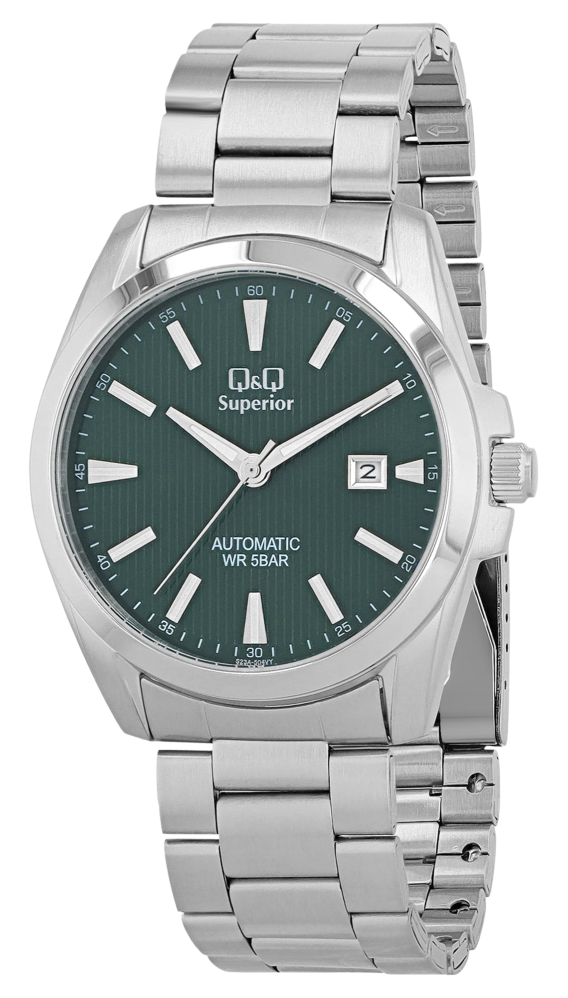 Q&amp;Q automatisch herenhorloge, roestvrij staal, zilverkleurig/groen, 5 ATM, Ø 42 mm