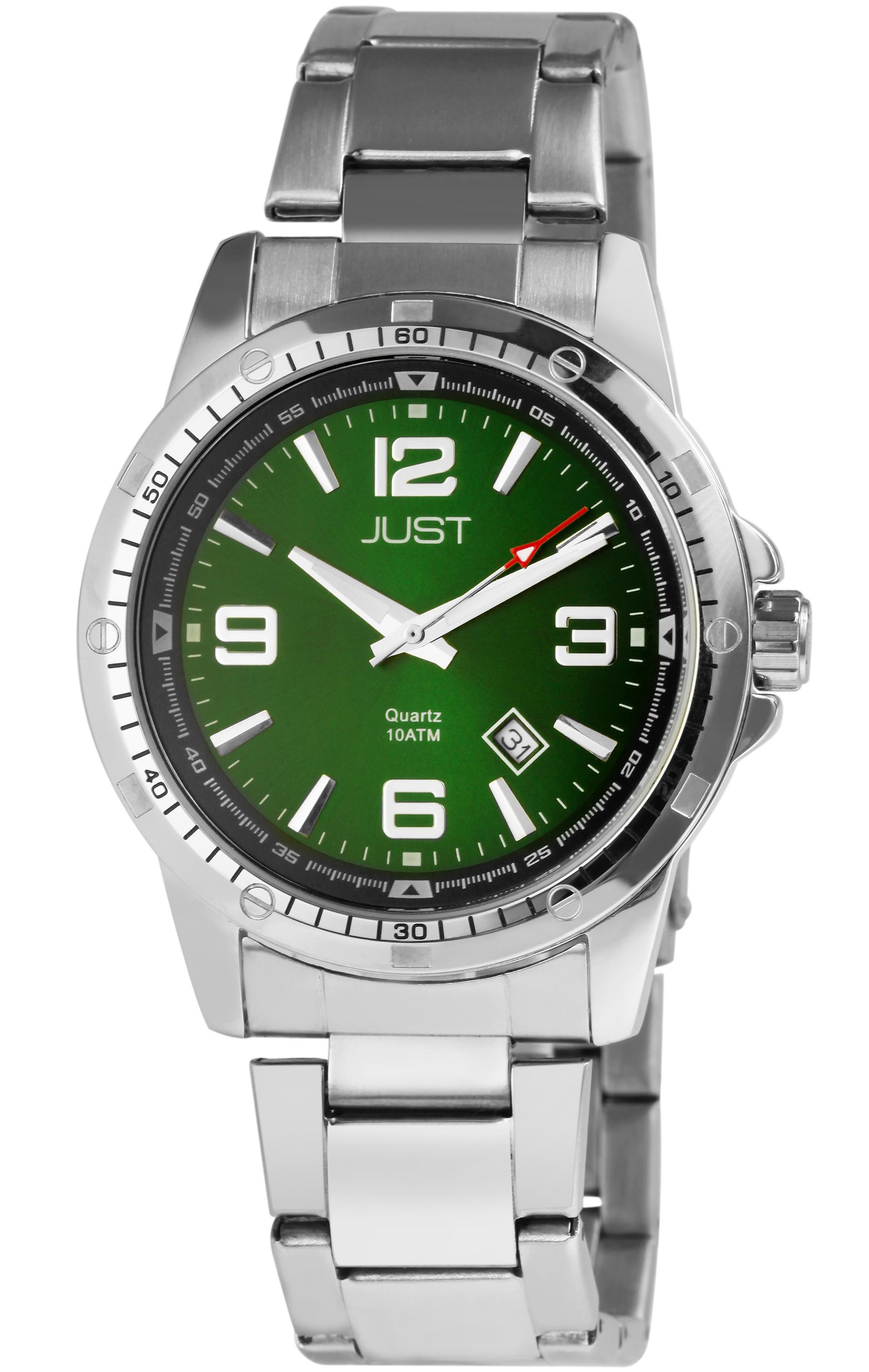 Just herenhorloge met roestvrijstalen armband, datumweergave, 10 bar, zilverkleurige/groene wijzerplaat