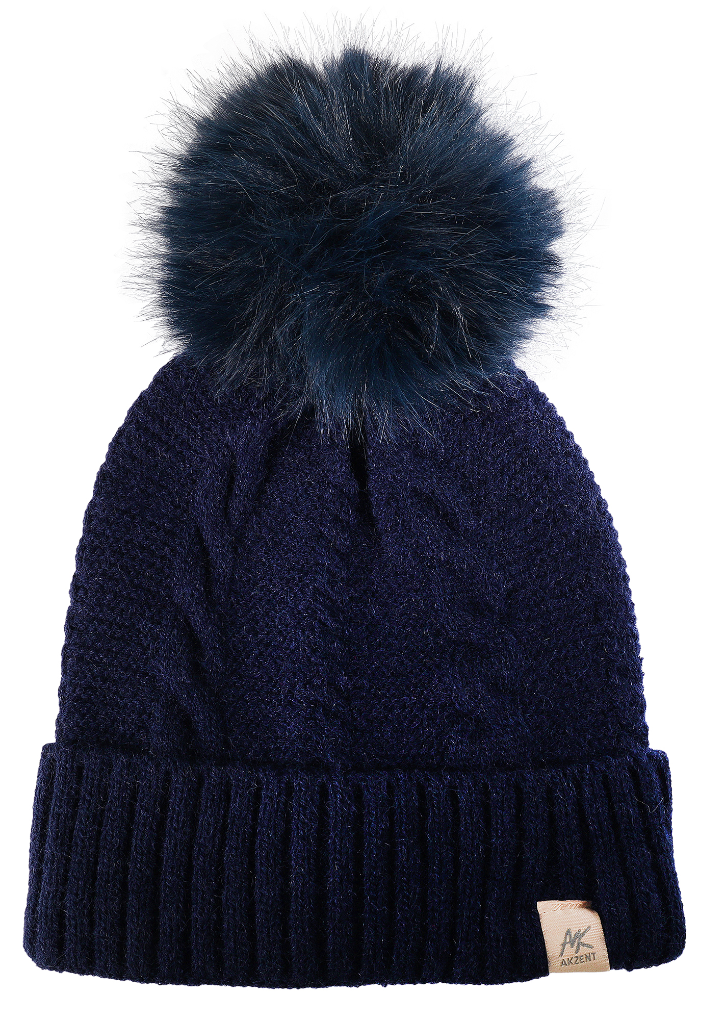 Accent gebreide muts voor dames (met bobble van imitatiebont), VE-4, donkerblauw