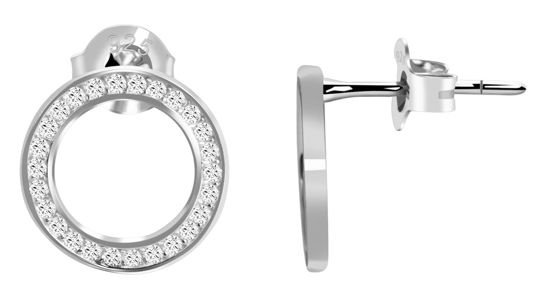 925/- Echt zilveren oorstekers "Florence", zirkonia, rond, gerhodineerd